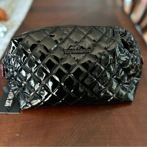 MZ Wallace Black Lacquer Quilted Makeup Bag Mica Cosmetic Zipper